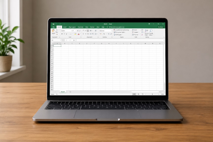 A computer with an empty Excel Document sitting on a desk