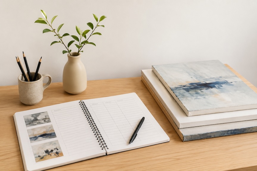 A notebook on a desk next to 3 artworks. The notebook shows preparations for an exhibition.