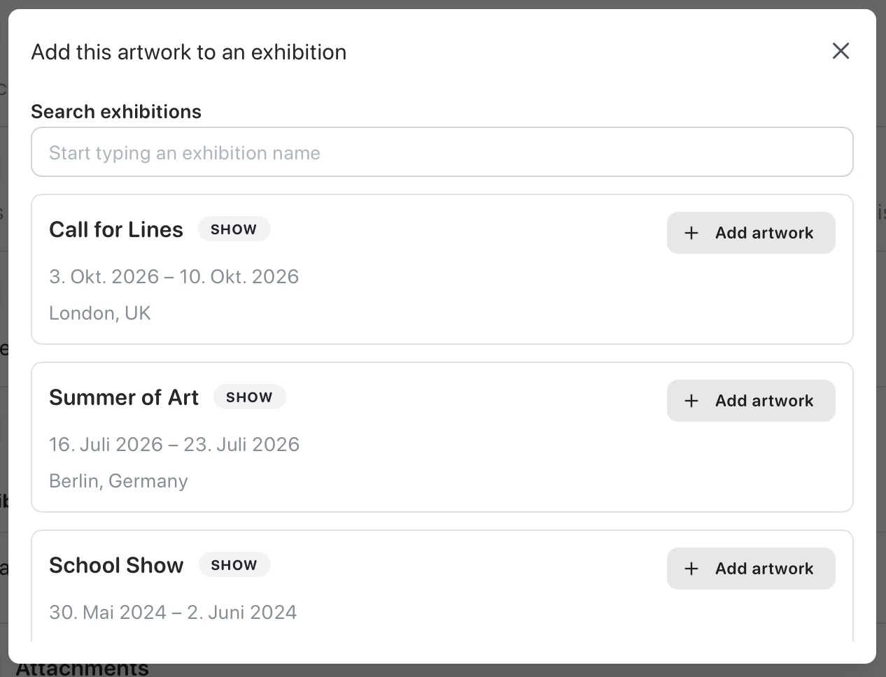 Screenshot of the modal to add artworks to an exhibition