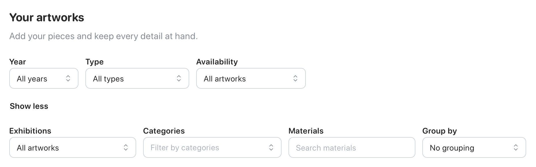 Screenshot of the filtering and grouping of artworks