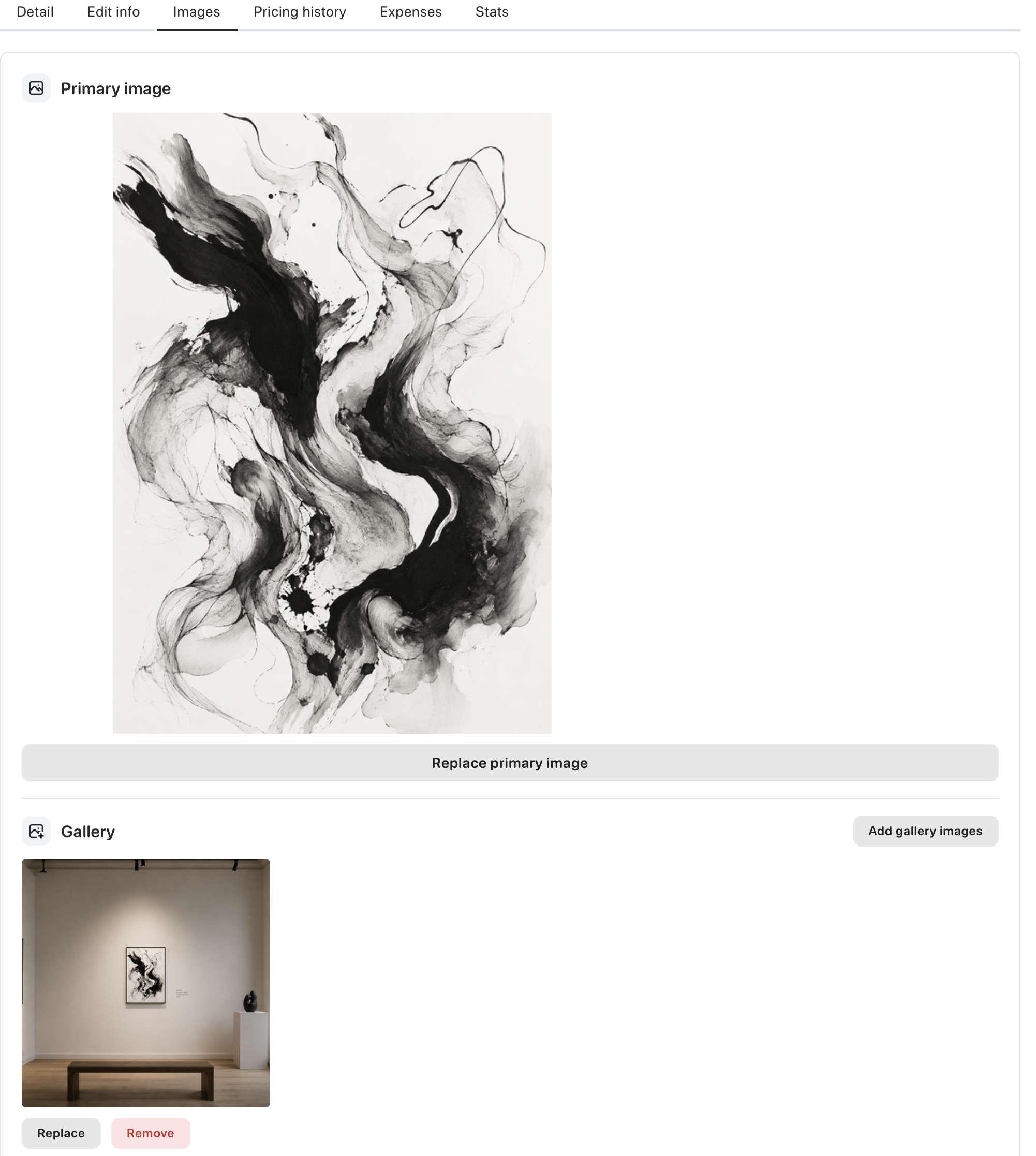 Screenshot of the images tab of artworks