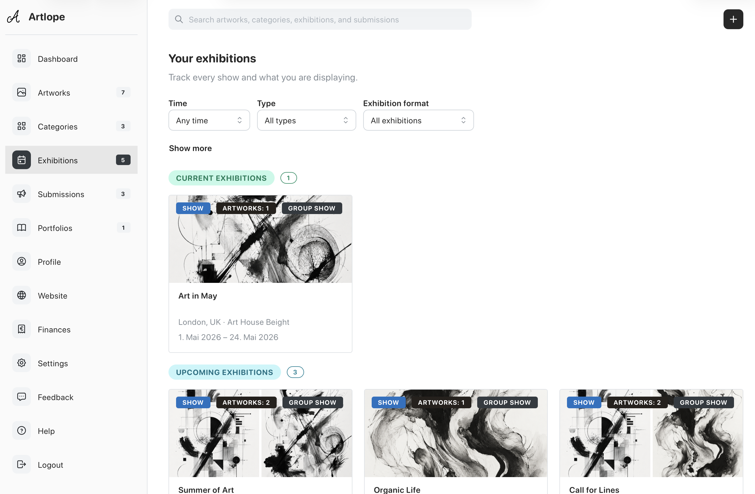 Screenshot of the exhibitions page