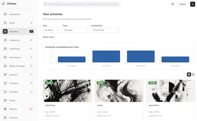Artlope artworks overview with artwork cards and filters