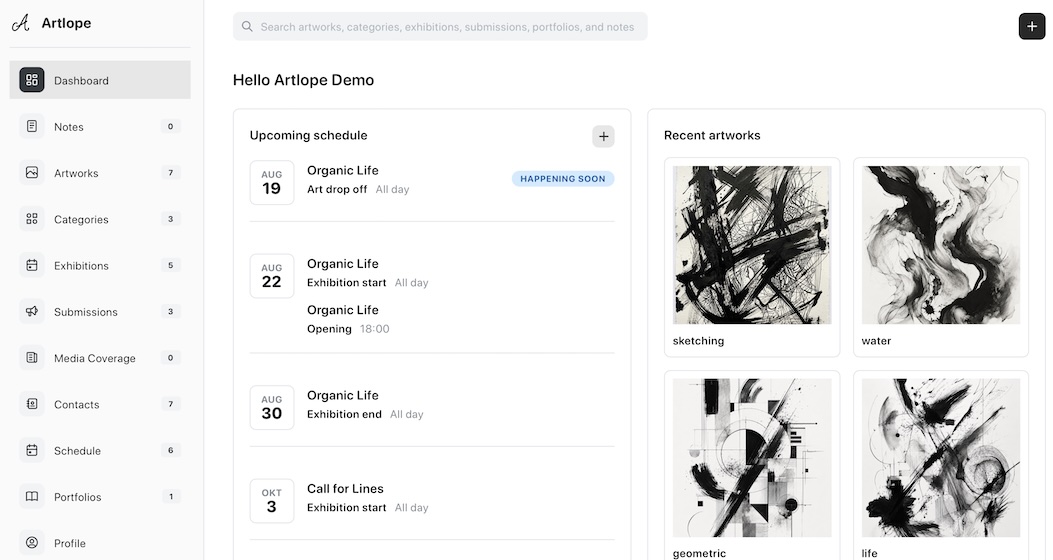 Artlope dashboard showing upcoming events, recent artworks, artwork stats, and studio activity